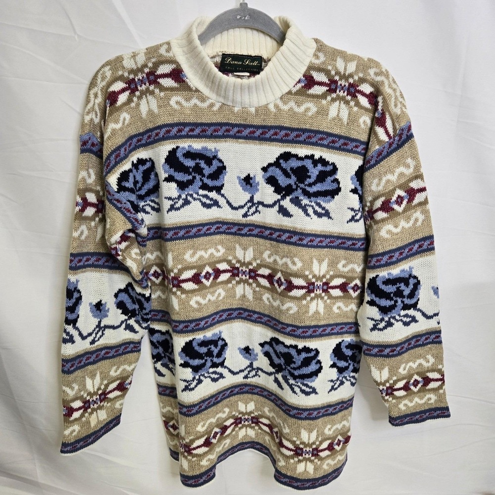 Dana Scott Adele Knit Sweater, Floral Fair Isle, Winter Cozy Retro Small Vintage